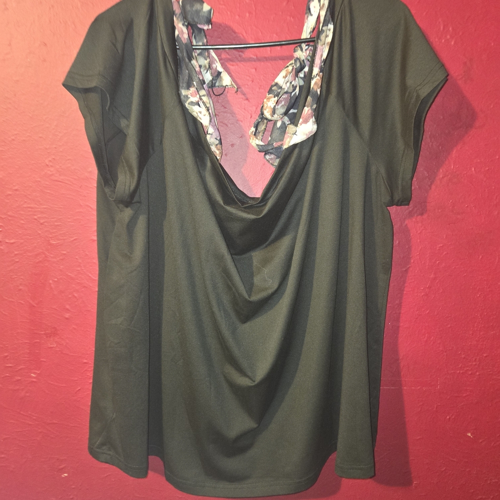Floral Shoulder Accent Black Top